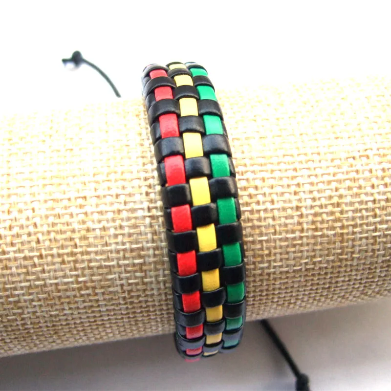 10pcs A Rasta Bracelet PU Braided Twine grid leather bracelet Colorful