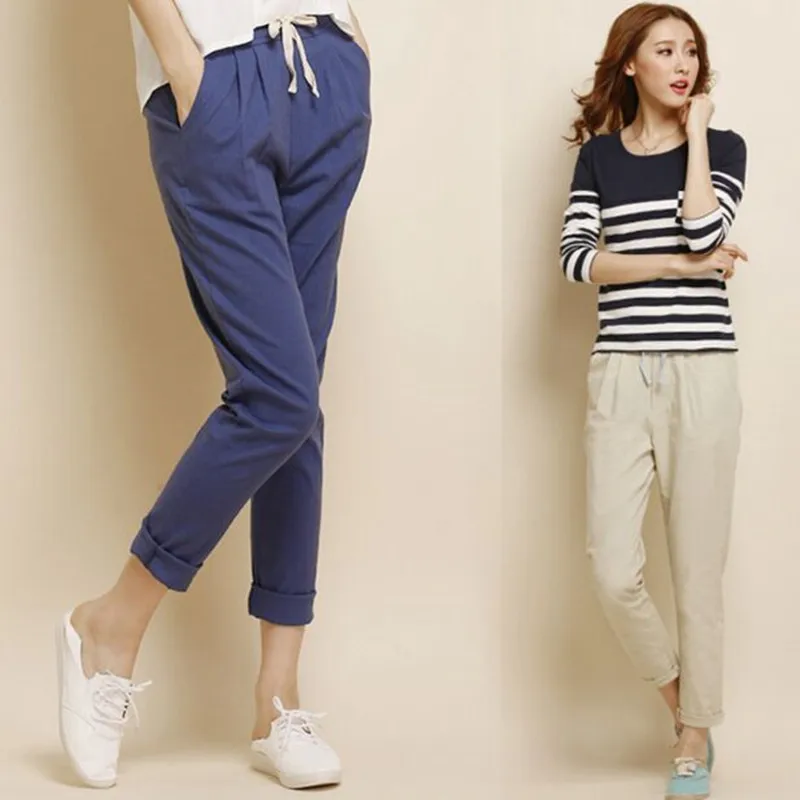 

Capris 2019 Fashion Linen Harem Nine Elastic Waist Pants All-Match Loose Pantalon Candy Colored Women's Casual Pants Trousers