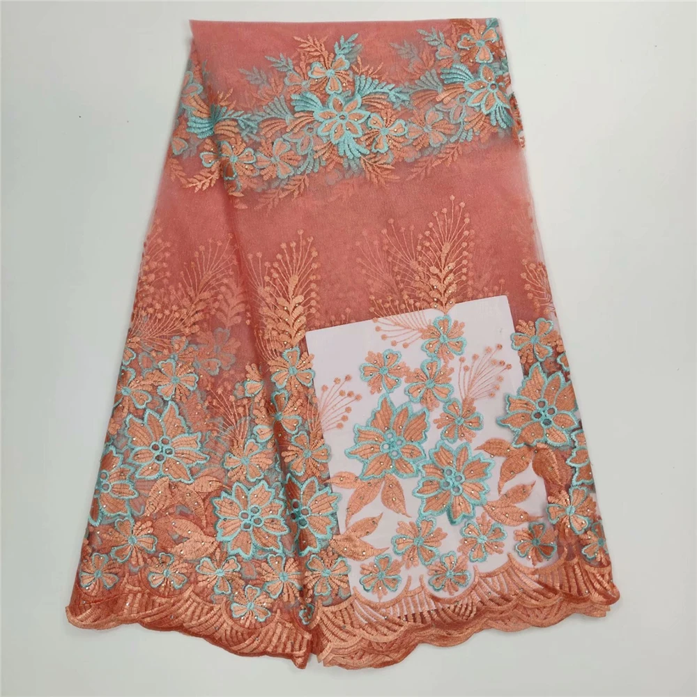 

High Quality peach Nigerian Lace Fabrics 2019 With Stones African Lace Fabric Embroidered Tulle Mesh French Lace Fabric