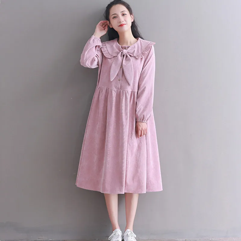 

Women Plus Size Dresses Long Sleeve Autumn Winter High Waist Kawaii Peter pan Collar Bow Tie Long Midi Corduroy Dress Mori Girl