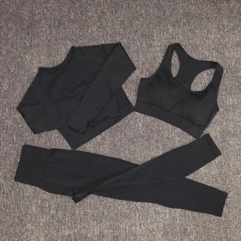 Women's Sportswear Yoga Set Vital Seamless Leggings+Sport Brassiere+Long Sleeve Crop Top 3PCS Sports Suits Gym Workout Clothing