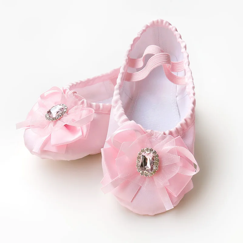 spille klaver Sudan brænde Girls satin ballet shoes pink dance shoes bow rhinestone split sole ballet  slippers for kids ballet flats for girls| | - AliExpress