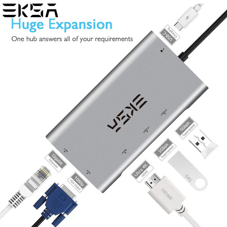 

EKSA 6 in 1 USB Hub for MacBook USB C to HDMI/VGA/RJ45 Type C Hub Adapter for Dell/Samsung/Huawei P20 Pro Type-c USB 3.0 Hub