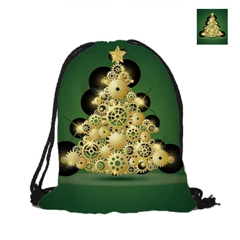 

Merry Chirstmas Drawstring Backpack Double Sided Printing Golden Gear Christmas Tree Pattern Polyester Pouch Backpacks