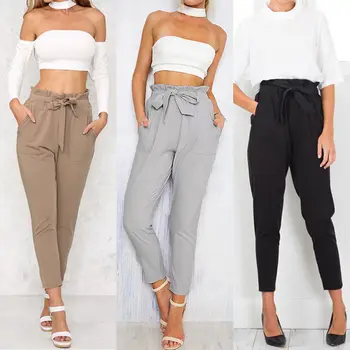 

2018 Hot Women High Waist Elastic Harem Pants Chiffon Solid Pencil Trouser