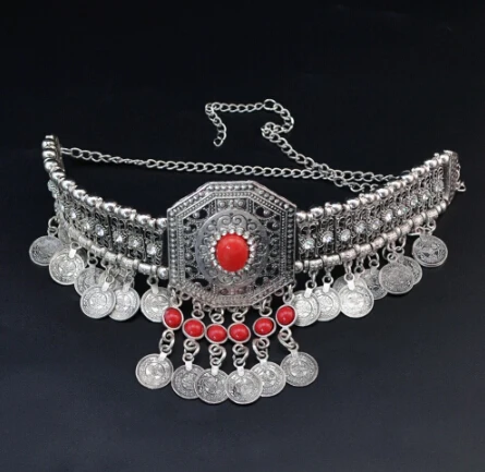 Этническая Цыганская серебряная металлическая цепочка для тела, индийская Сексуальная цепочка для танца живота с кисточкой из бисера - Окраска металла: Red Necklace