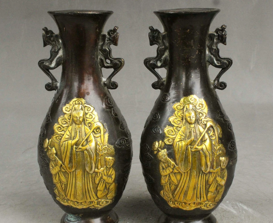 Chinese Bronze Gilt Guan Yin Kwan-yin Boy Girl Dragon Ears Statue Vase Pot Pair 8.06 | Дом и сад