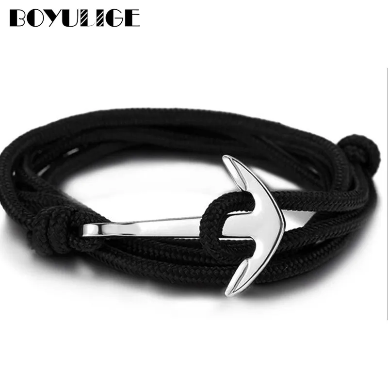 

Wholesale Men Summer Navy Style Black Nylon Rope Chain & Link Bracelets Popular Jewelry Anchor Bracelets for Women Male Hot Sale