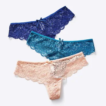 

3pcs/lot Hollow Out Sexy Thongs Soft Lace Transparent Women Underwear Seductive G String Mid-Rise Breathable Briefs