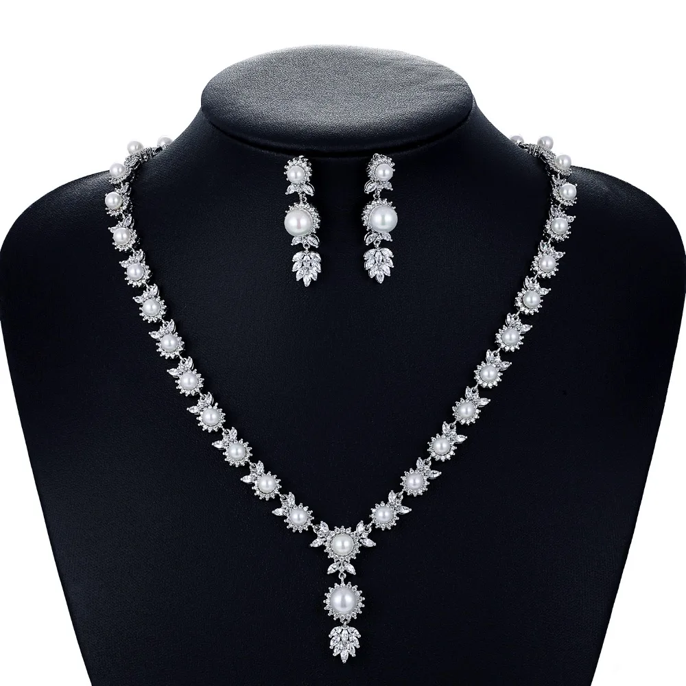 Crystal CZ Cubic Zirconia Bridal Wedding Pearl Necklace Earring Set Jewelry Sets for Women Accessories CN10049 Crystal CZ Cubic Zirconia Bridal Wedding Pearl Necklace Earring Set Jewelry Sets for Women Accessories CN10049