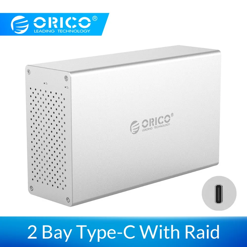 Чехол для жесткого диска ORICO 2 Bay type C с Raid из алюминиевого сплава 5 Гбит/с Superspeed 3," HDD корпус с адаптером питания Поддержка 20 ТБ