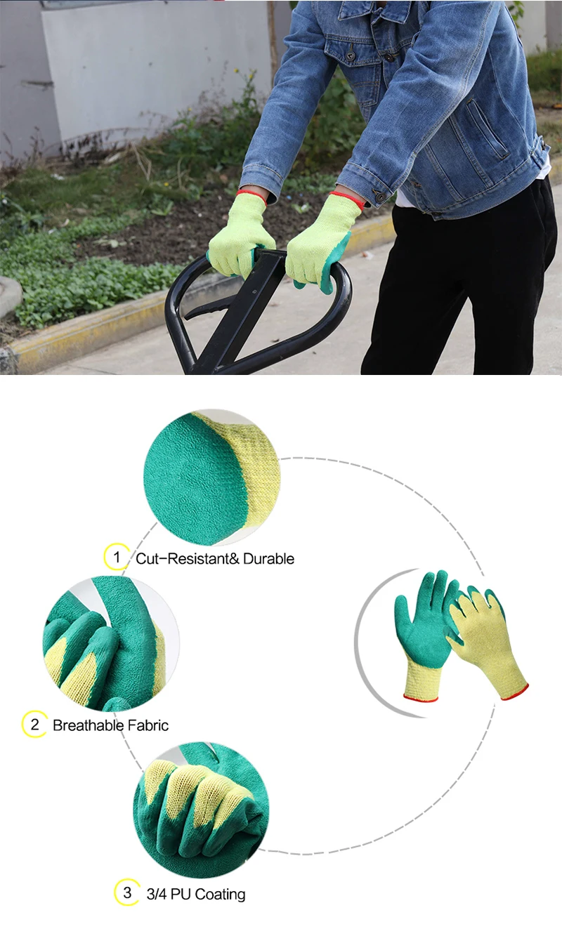 10 пар полиэстер хлопок морщин клей защитные перчатки ремонтник защита рук порезостойкие прочные желтые зеленые рабочие перчатки