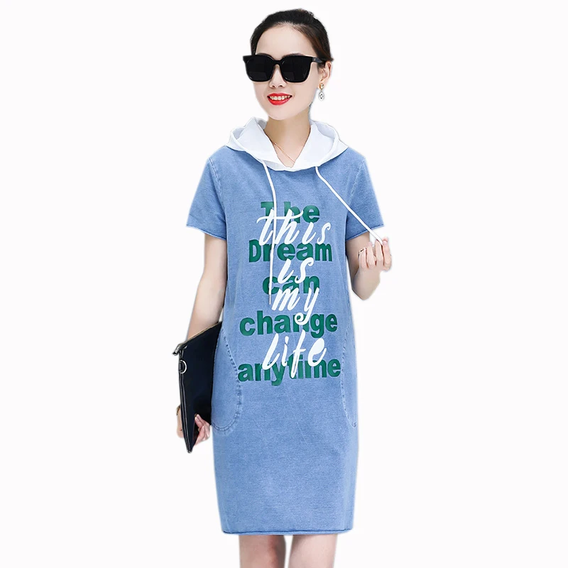 

High Quality Women Denim Dress Short Sleeve A Line Hooded Denim Dresses Elegant Slim Cowboy Casual Summer Dresses Vestidos