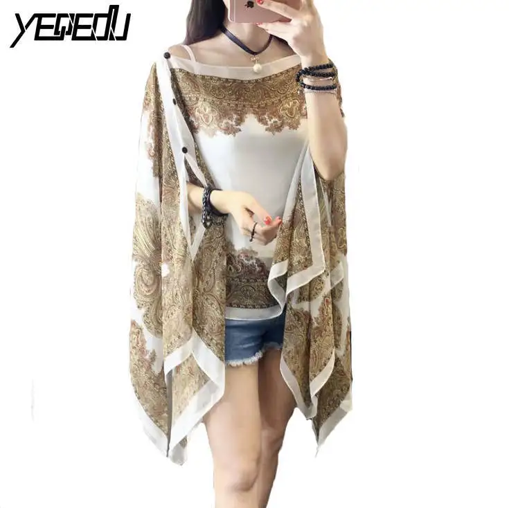 

#3029 Sunsreen Big Size Chiffon Blouse Printed Thin Slash Neck Blusas Femininas Summer 2019 Off Shoulder Top Mujer Tie Dye Tide