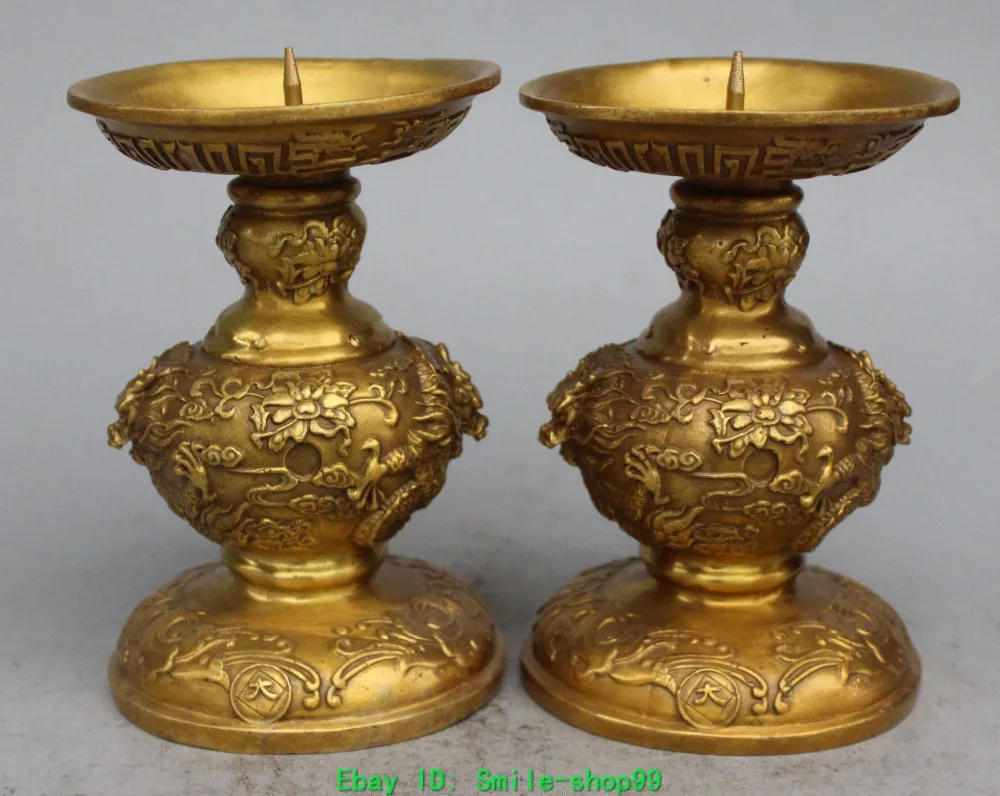 

18CM Chinese Bronze Dragon Flower Beast Candlestick Holder Sculpture Pair tools wedding Decoration Brass Bronze