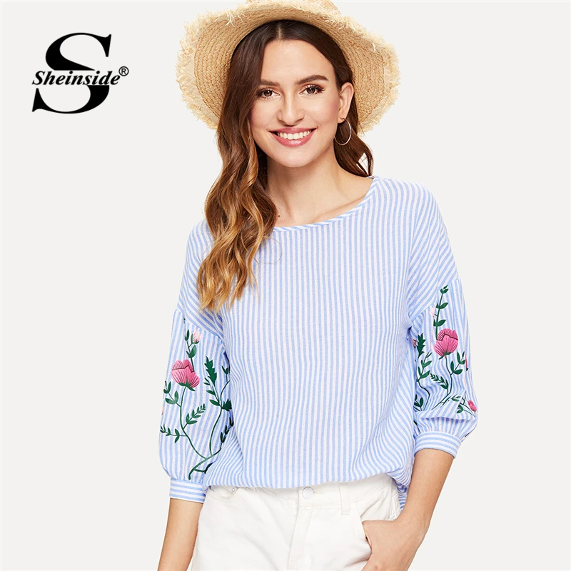 Vente Sheinside Rayé Bleu Fleur Impression Blouse Élégante Lanterne Moitié Manche Col Rond Chemisier Femmes Week End D été Chemise Décontractée Haut