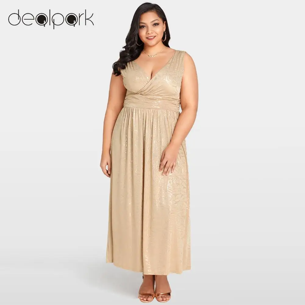 Sexy Women Gold Floral Maxi Dress Plus Size 3XL 4XL 5XL Deep V Neck Banded Waist Evening Party