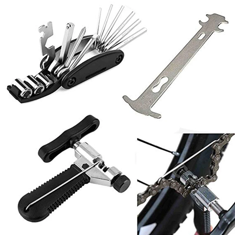 Bicycle Chain Splitter Cutter Breaker and 16 in 1 Bike Repair Tool Chain Wear Indicator Checker Cycling Kit bicycle tools bike bicycle cycling repair tool multi purpose combination tool chain cutter bottle opener bicycle tools