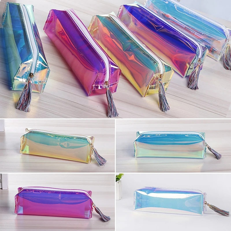1pc Transparent Holographic Pencil Makeup Case Laser Travel Make Up Cosmetic Bag PU Leather 5 Colors Mayitr