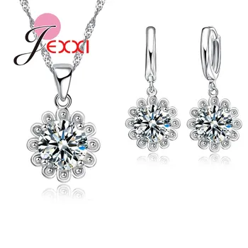 

Fashion Women Quality Big Clear Crystal Sweet Flower Shape Pendant Necklace Earrings Set 925 Sterling Silver Jewelry