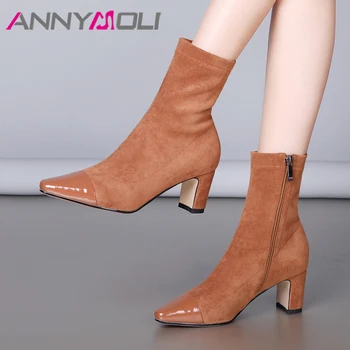 

ANNYMOLI Genuine Leather Ankle Boots Women Zipper Block High Heels Short Boots Stretch Square Toe Shoes Ladies Black Size 34-39