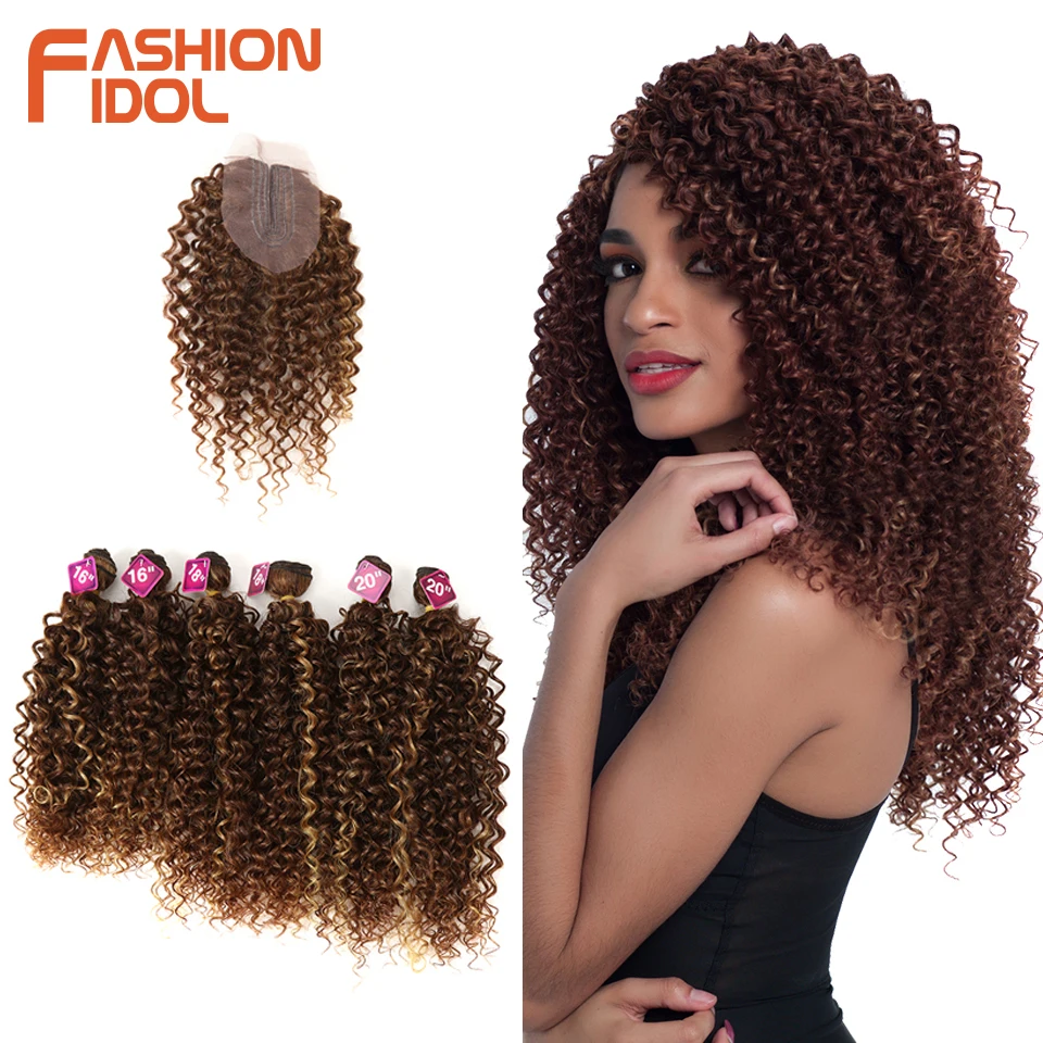 Ceny FASHION IDOL Afro perwersyjne kręcone włosy 16 20 cali 7 części partia włosy syntetyczne środkowa częściowo koronka przednie zapięcie zestawy z zamknięciem 240g