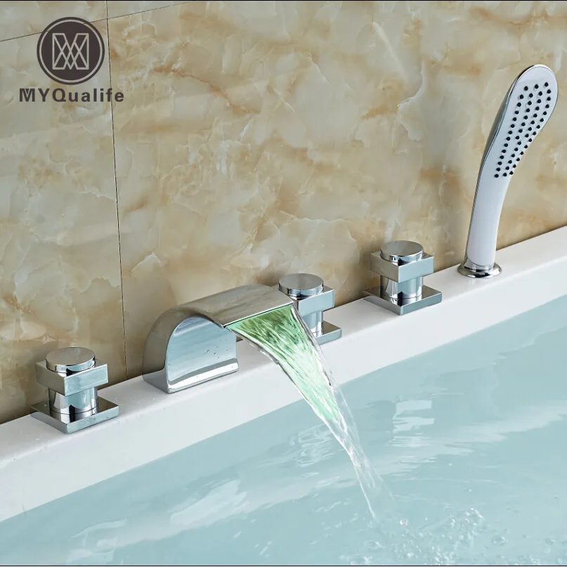 

Bathroom RGB LED Deck Mounted Waterfall 5PCS Bath Tub Filler Sink Shower Faucet Chrome Finish
