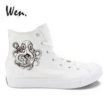 Вэнь Осьминог Якорь дизайн для мальчиков и девочек белые туфли Высокая помощь Вулканизированная обувь черные парусиновые кроссовки Студенческие туфли без каблуков на шнурках