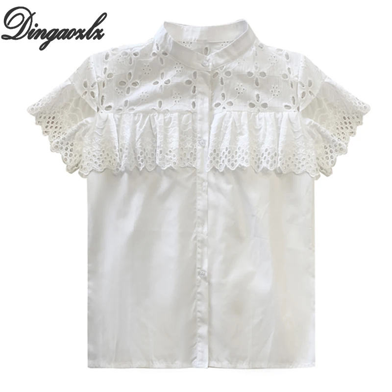 

Dingaozlz solid color lace blouse elegant female short sleeve hollow out casual shirt korean 2019 new fashion women tops