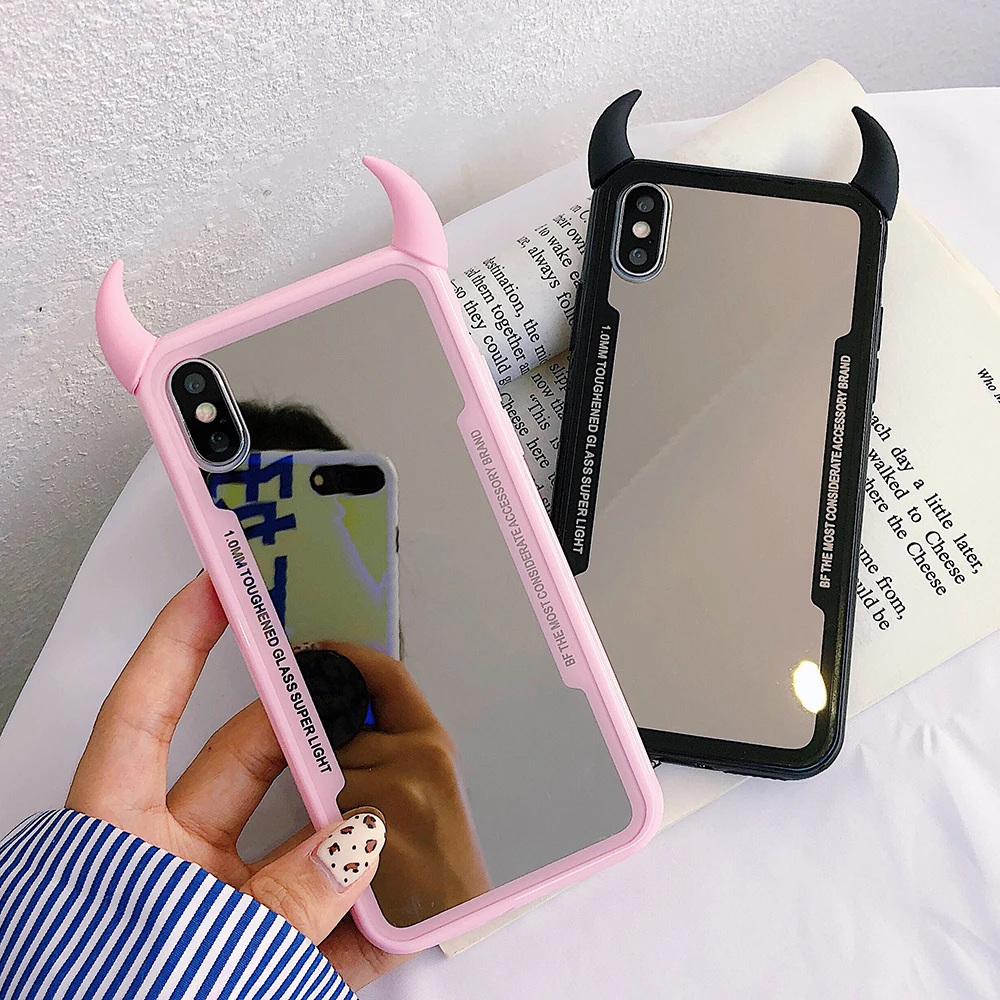 Luxury Mirror Phone Case For iPhone XS MAX XR 6 6s Plus Cute 3D Devil Horn Silicone Soft Back Cover For iPhone 7 8 Plus X Cases