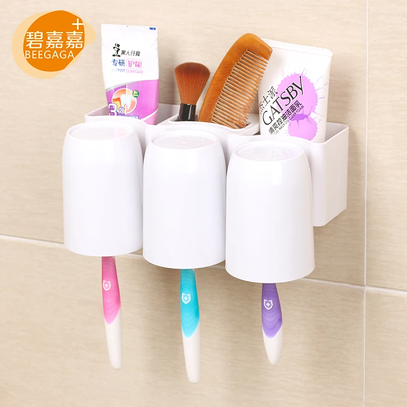 

BEEGAGA Three Tooth Tumblers and Six Toothbrushes Holder Bathroom Accessories Set with Powerful Sucker Wall Mounted Storage Rack