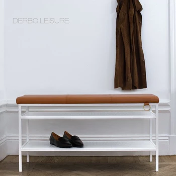 

Modern Classic Design multi function PU Leather Metal Loft Fashion Shoes Changing Low Stool Bench with storage shelves Rack 1PC