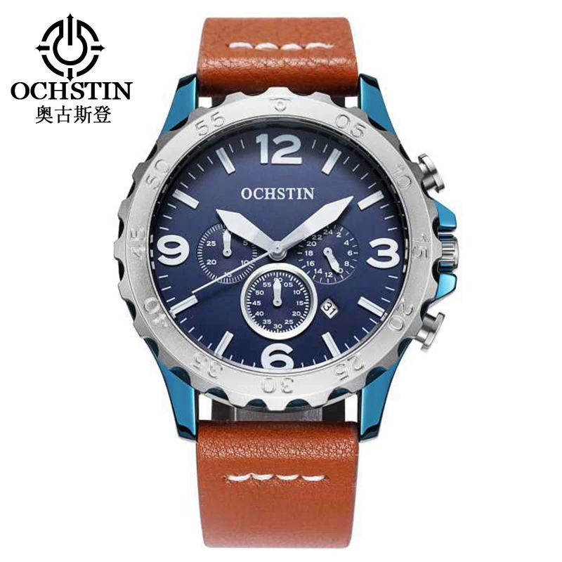 

OCHSTIN Men Sports Watches Men's Quartz Date Clock Man Leather Army Military Wrist Watch Relogio Masculino Chronograph 077B