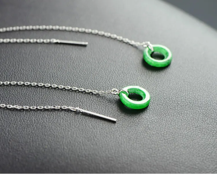 Fnj серебра 925 кисточка Серьги для Для женщин ювелирные изделия повесить круглый зеленый Ю. камень s925 стерлингового серебра букле d'oreille