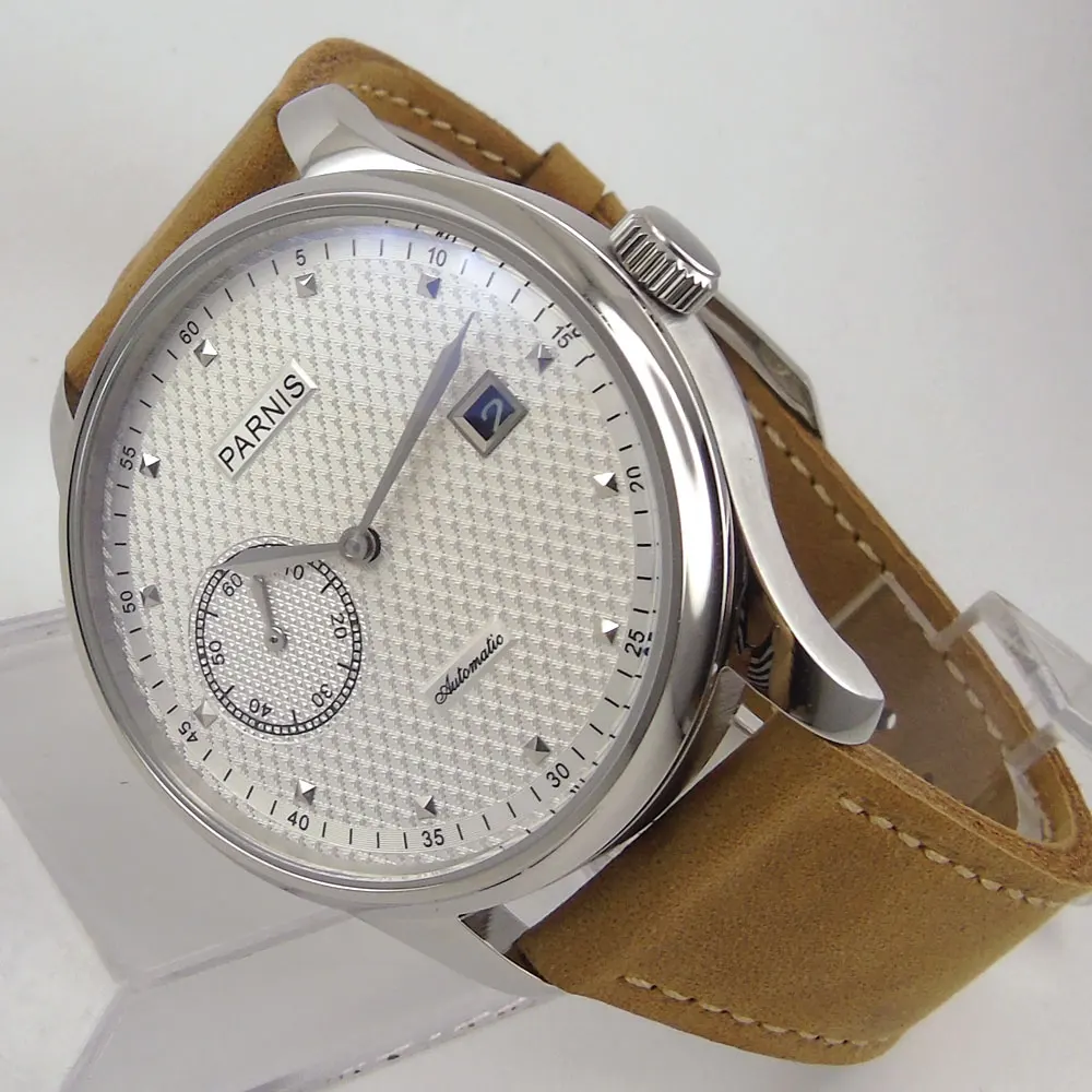 

43mm Parnis white dial camel Leather strap date adjust Automatic self-winding movement Business Mechanical Mens Wristwatches