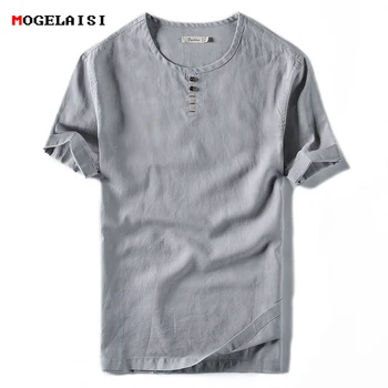 

Linen T-shirt Men Casual Solid Tees Linen Cotton Top Tshirt For Men Clothes Spring Summer T shirts O-Neck Short Sleeve Buttons