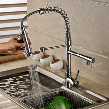 Современные Chrome весна двойной Носик Кухня кран Однорычажный pull Подпушка горячая холодная вода смесители