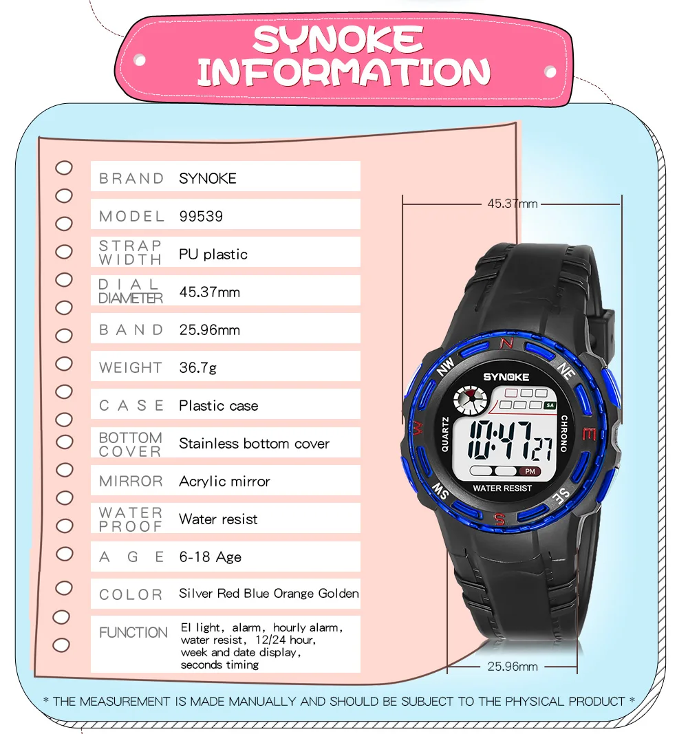 SYNOKE детские часы водонепроницаемые часы с будильником 12/24 часовая система студенческие часы спортивные высокого качества cocuk saatleri