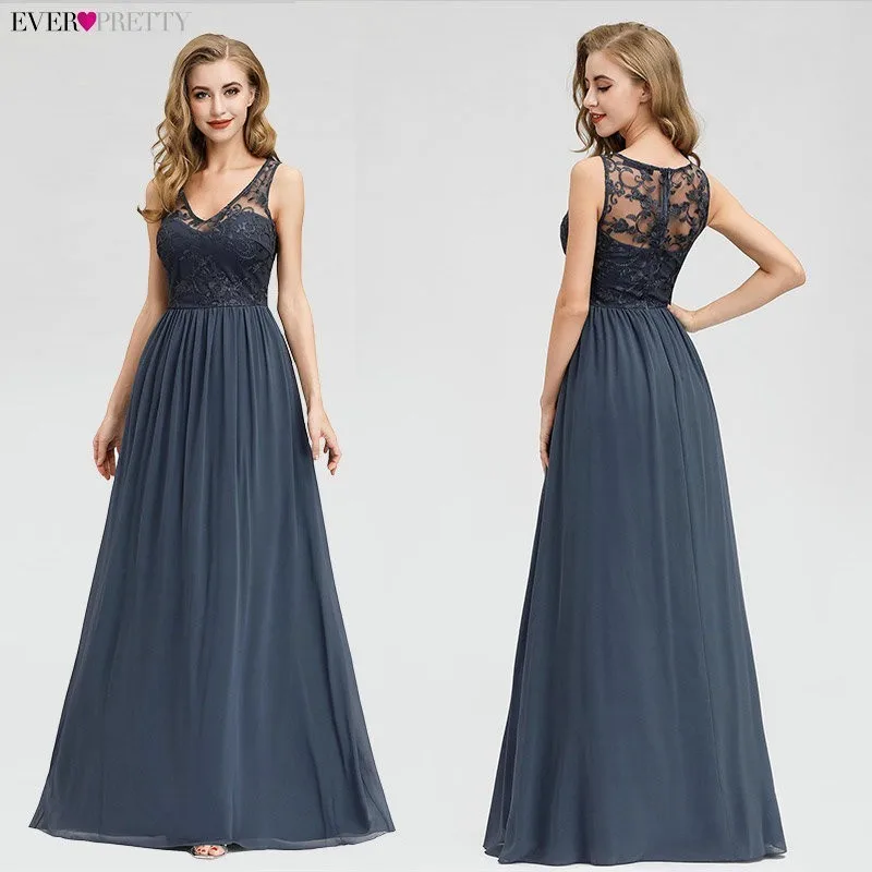 Plus Size Evening Dresses Long Ever Pretty New Dusty Blue Sleeveless V-neck Cheap Summer Formal Gowns Robe Soiree Dubai