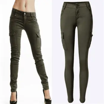 

SupSindy Fashion Women's pants army green Low waist wild Slim military Army pants for women trousers pocket outdoor hiking pants