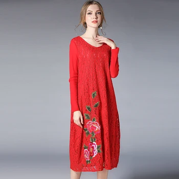 

Spring Lace Dress 2018Vestido Women Flower Dress Plus Size Basic Dress Long Sleeve Solid Embroidery Red Black Loose Dress big