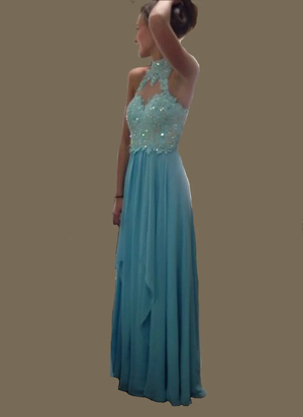 

Long Prom Dress Open Back Vestido Longos Formatura Free Shipping Chiffon High Neck Evening Dresses 2015 Cheap