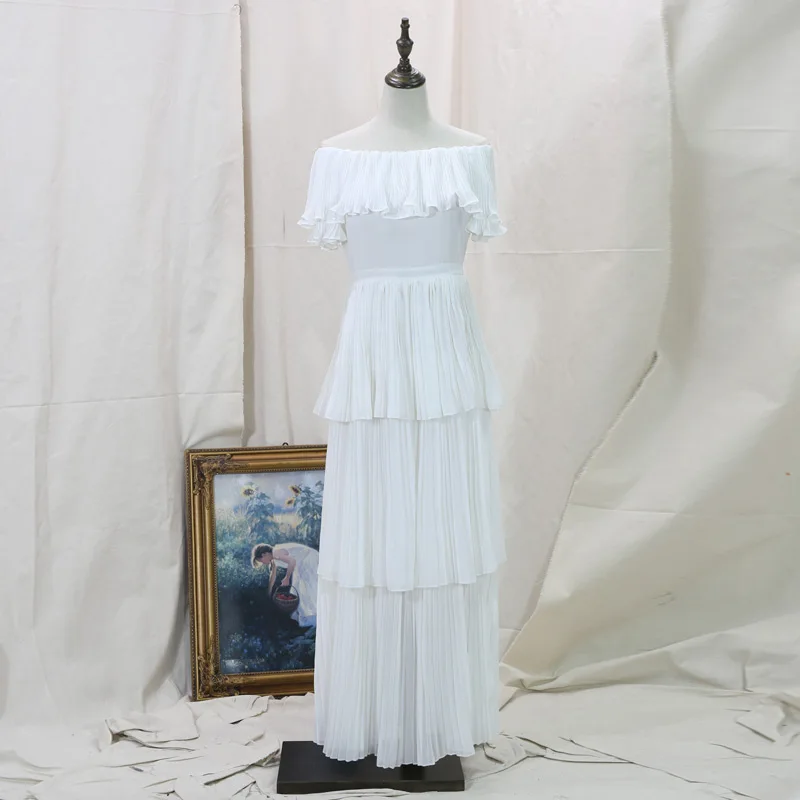 Ordifree Лето Для женщин с длинным плиссированные платья Элегантный Slash шеи белый с плеча сексуальные макси Туника пляжное платье