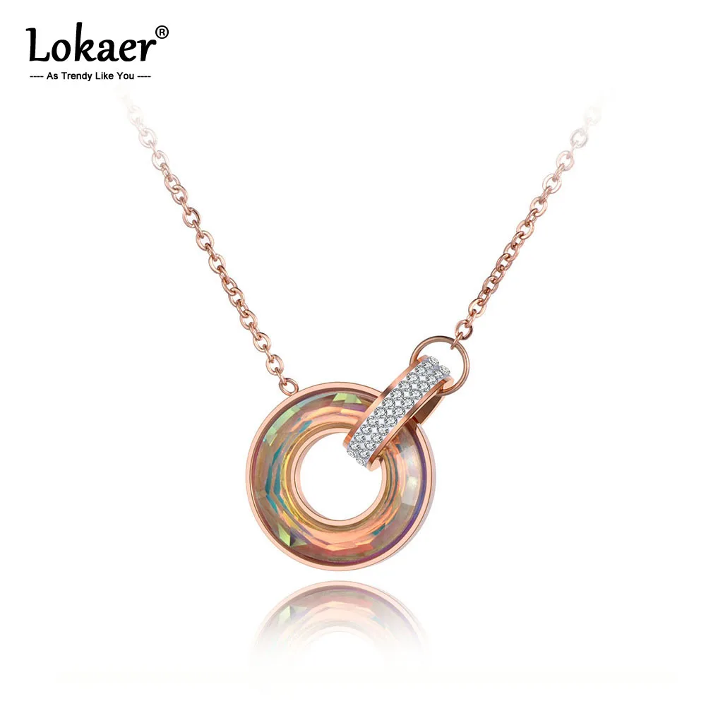 

Lokaer Titanium Stainless Steel Double Circle Clay CZ Crystal Choker Necklace Office Style Pendant Chain Necklace Collier N19060