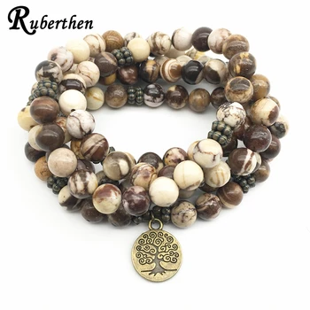 

Ruberthen Fashion Women Jewelry Healing 108 Mala Spiritual Bracelet Australian Zebra Jaspers Yoga Bracelet Tree Of Life Jewelry