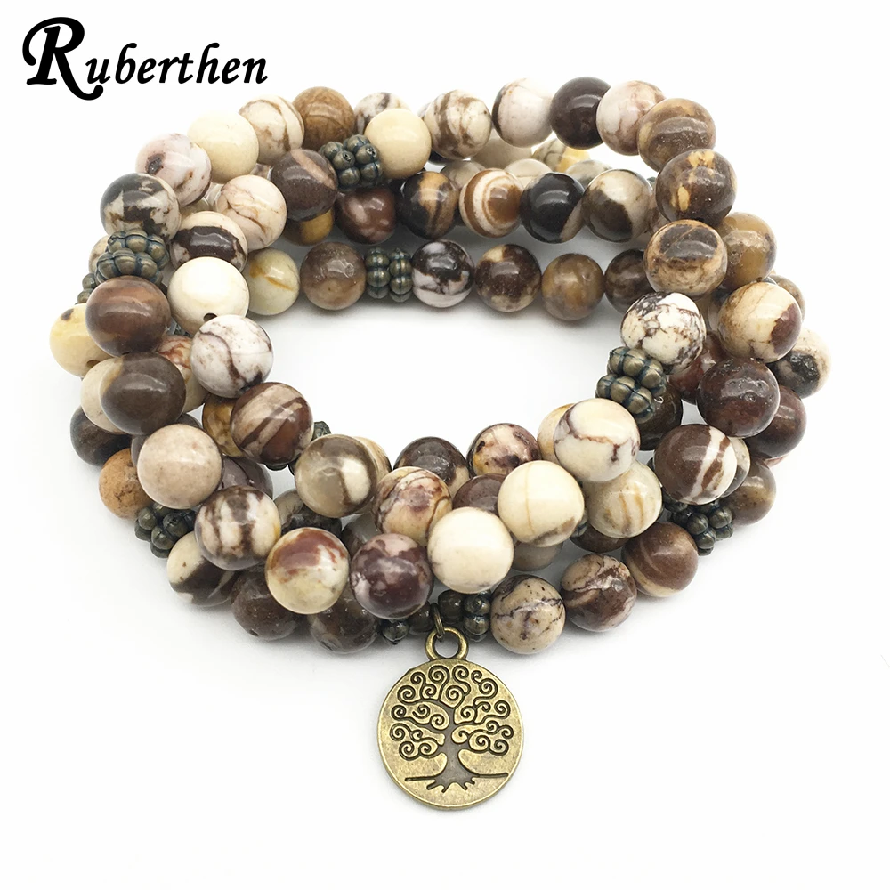Online Ruberthen moda mujer joyería sanación 108 Mala pulsera espiritual cebra australiana Jaspers Yoga pulsera Árbol de la vida joyería