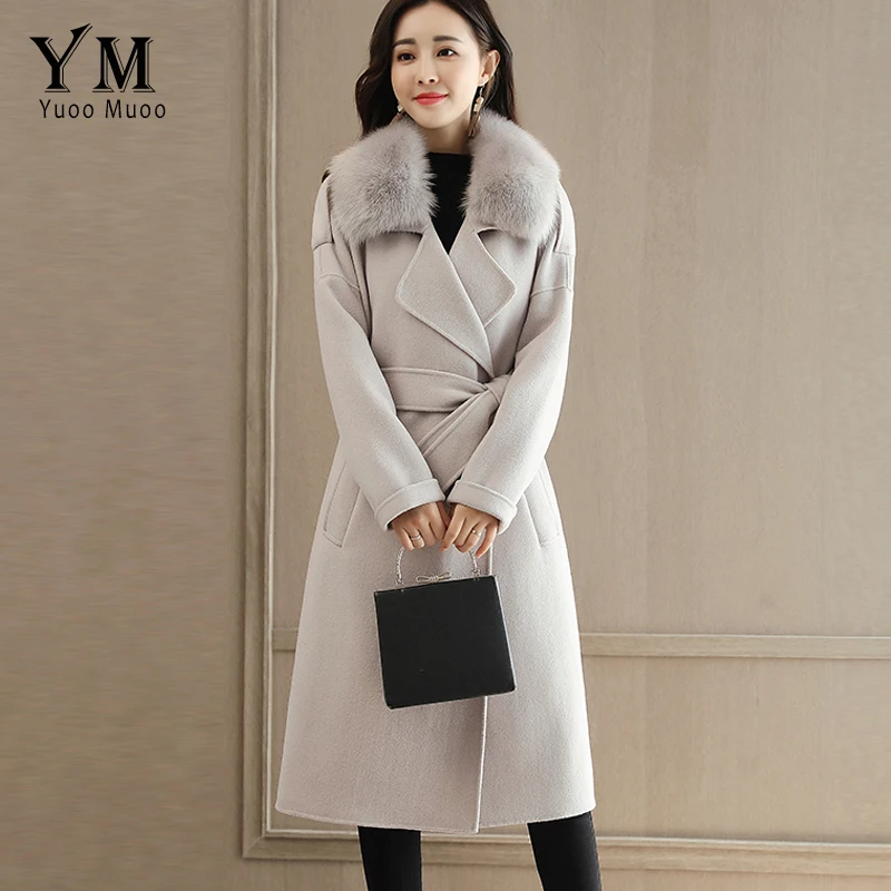 

YuooMuoo High Quality Elegant Long Wool Coat Artificial Collar Detachable Fur Collar Cashmere Coat Women Winter Jacket Outerwear