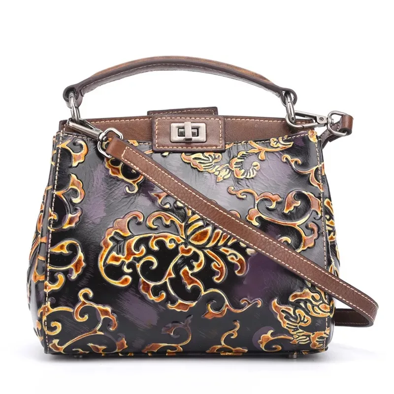 

Embossed Designer First Layer Real Leather Vintage Female Women's Small Purse Purple Handbag Cowhide Ladies Cross Shoulder bag