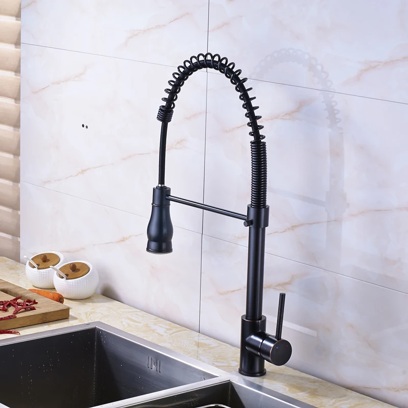 

Oil Rubbed Bronze Deck Mounted Rotation Kitchen Sink Faucet Single Handle Spring Pull Down Kitchen Water Tap with Hot and cold