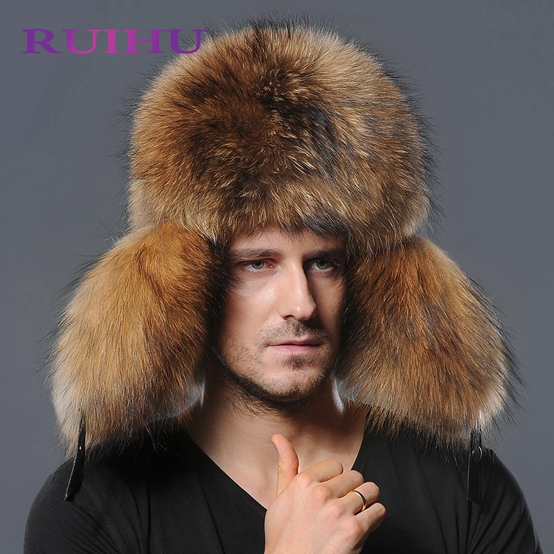 2018 New Genuine Fox Fur Hats Men Real Raccoon Fur Bomber Caps Russian